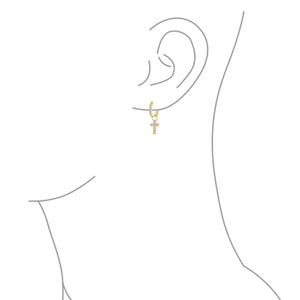 Delicate CZ Religious Cross Dangle Charm Hoop Earrings Gold Silver