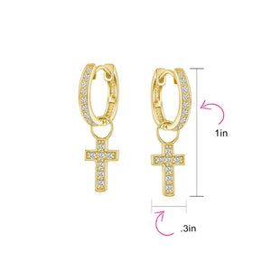 Delicate CZ Religious Cross Dangle Charm Hoop Earrings Gold Silver