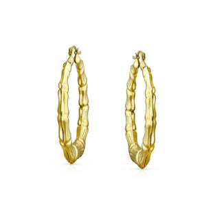 Light Weight Big Bamboo Hoop Earrings Gold Plated 3 Sizes