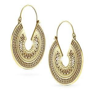 Boho Bali Style Filigree Crescent Round Hoop Earrings Gold Plated