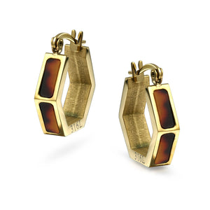 Brown Acrylic Tortoise Hoop Earrings Gold Plated Stainless Steel