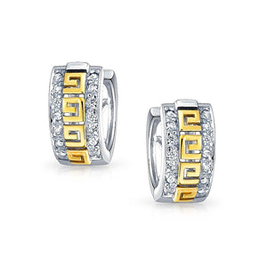 Greek Key Hoop Earrings CZ Gold Plated 925 Sterling Silver