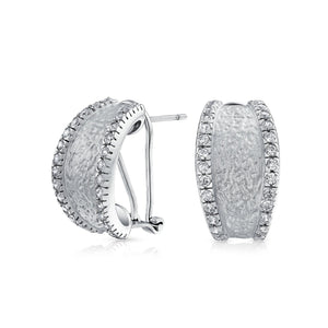 Matte Hammered Shrimp Half Hoop Earrings Pave Edge CZ Silver Plated - Joyeria Lady