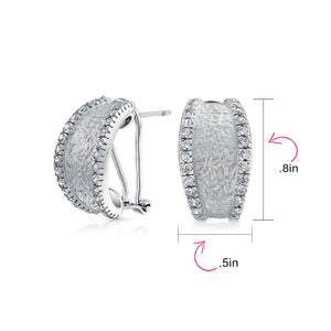 Matte Hammered Shrimp Half Hoop Earrings Pave Edge CZ Silver Plated