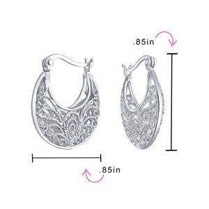 Boho Bali Floral Scroll Filigree Wire 3D Hoop Earrings Sterling Silver
