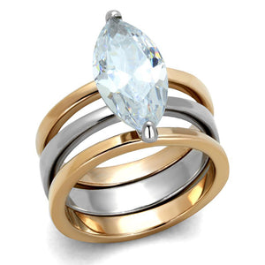 LO3554 - Two-Tone IP Rose Gold Stainless Steel Ring with AAA Grade CZ  in Clear - Joyeria Lady