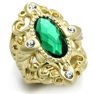 LO3665 Gold & Brush Brass Ring with Synthetic in Emerald - Joyeria Lady