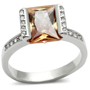 LOS528 - Rhodium 925 Sterling Silver Ring with AAA Grade CZ  in Champagne - Joyeria Lady