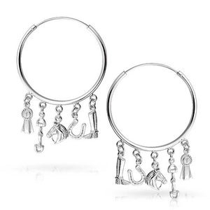 Equestrian Horse Riding Boot Blue Charm Hoop Earring Sterling Silver