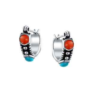 Turquoise Carnelian Onyx Bead Huggie Hoop Earrings Sterling Silver
