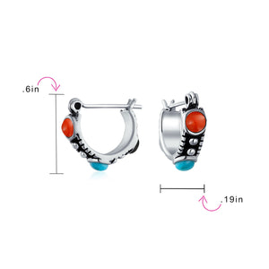 Turquoise Carnelian Onyx Bead Huggie Hoop Earrings Sterling Silver