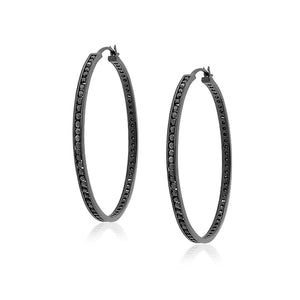 Big Black Cubic Zirconia Statement Hoops Earrings Sterling Silver 1.5