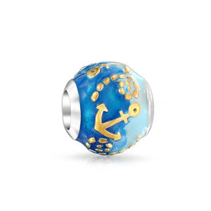 Boat Anchor Dangle Charm Bead 2 Tone Gold Plated Sterling Silver