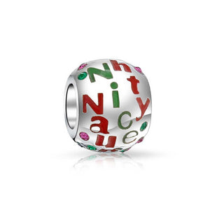 Christmas Red Green Naughty Nice Crystal Charm Bead Sterling Silver - Joyeria Lady