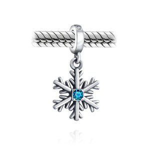 Winter Snowflake Blue CZ Dangle Bead Charm 925 Sterling Silver