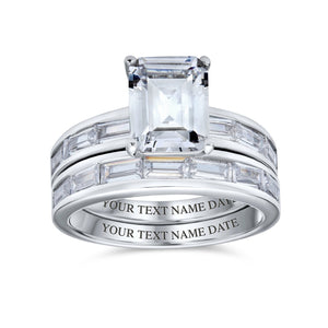 Art Deco 2CT Emerald Cut Baguette Band AAA CZ Engagement Ring Set