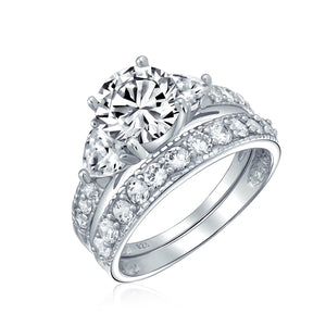 3CT Solitaire Heart AAA CZ Engagement Wedding Ring Set Sterling Silver