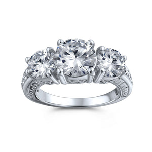 Milgrain 3CT Solitaire 3 Stone CZ Engagement Ring 925 Sterling Silver - Joyeria Lady