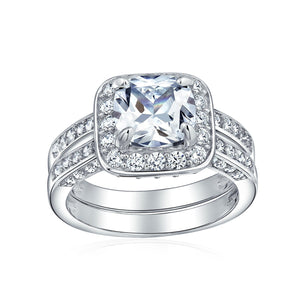 2CT Princess Cut Halo CZ Engagement Wedding Ring Set Sterling Silver - Joyeria Lady