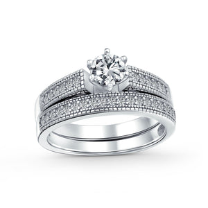 1.5CT Solitaire 6 Prong CZ Engagement Wedding Ring Set Sterling Silver - Joyeria Lady