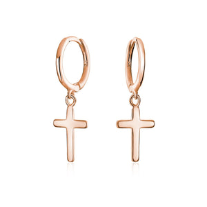 Religious Charm Cross Kpop Hoop Earrings Rose Gold Sterling Silver