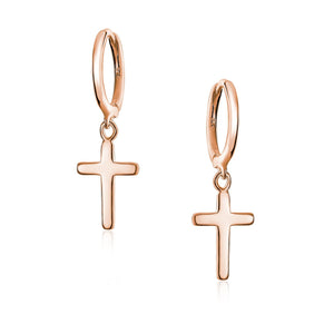 Religious Charm Cross Kpop Hoop Earrings Rose Gold Sterling Silver