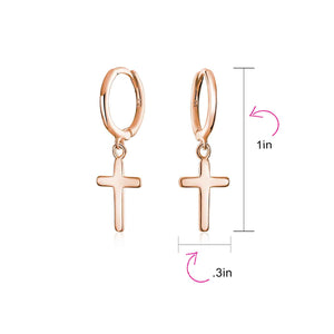 Religious Charm Cross Kpop Hoop Earrings Rose Gold Sterling Silver