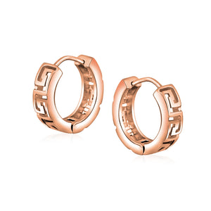 Greek Key Hoop Earrings Rose Gold Plated Sterling Silver Hinge