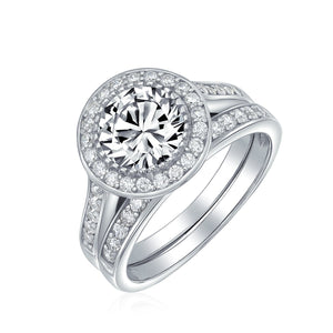 3CT Solitaire Halo AAA CZ Engagement Wedding Ring Set Sterling Silver