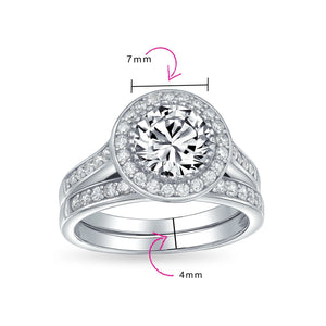 3CT Solitaire Halo AAA CZ Engagement Wedding Ring Set Sterling Silver