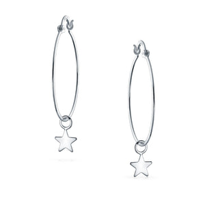 Celestial Patriotic Star Dangle Charm Hoop Earrings Sterling Silver
