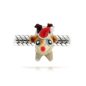 Santa Hat Rudolph Reindeer 3D Murano Glass Bead Charm Sterling Silver