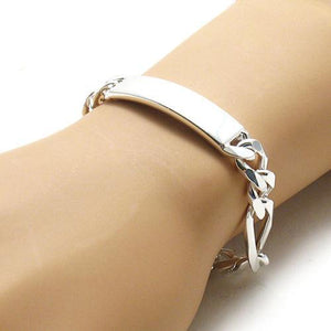 Handsome 11mm (300 Gauge) Sterling Silver Figaro Chain ID Bracelet with Engravable Plate. Available in 8" and 9" Lengths.