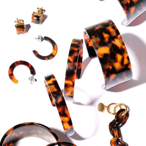 Brown Acrylic Tortoise Shell Flat Hoop Stud Earrings Stainless Steel