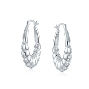 Lightweight Ribbed Scalloped Oval Tube Hoop Earrings Sterling Silver
