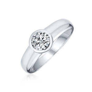 925 Sterling Silver AAA CZ Solitaire Bezel Engagement Promise Ring - Joyeria Lady