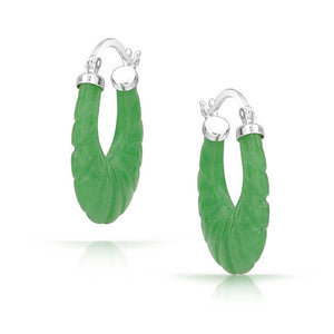 Green Jade Round Oval Hoop Earrings 925 Sterling Silver .75 Inch Dia