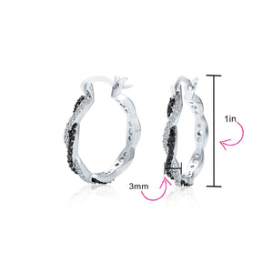 Black Spiral Infinity Twist Pave CZ Prom Hoop Earrings Silver Plated