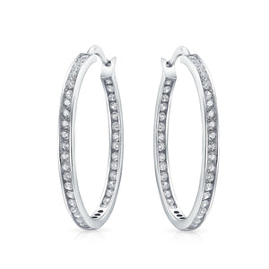 Solitaire Channel Set In Side Out CZ Hoop Earrings Sterling Silver - Joyeria Lady