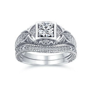 1CT AAA CZ Vintage Engagement Wedding Ring Set Sterling - Joyeria Lady