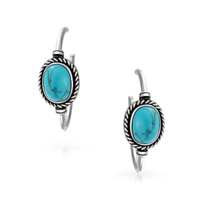Oval Turquoise Braid Twisted Rope Hoop Stud Earrings Stainless Steel