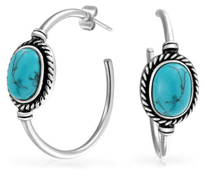 Oval Turquoise Braid Twisted Rope Hoop Stud Earrings Stainless Steel