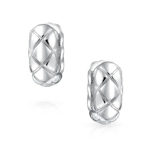 Criss Cross Quilt Wide Kpop Hoop Earrings Shiny Sterling Silver