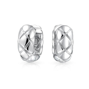 Criss Cross Quilt Wide Kpop Hoop Earrings Shiny Sterling Silver - Joyeria Lady