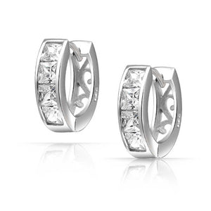 Square Princess Cut CZ Channel Hoop Earrings Sterling Silver