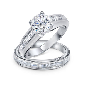 2CT Solitaire Baguette Band AAA CZ Engagement Ring Set Sterling Silver - Joyeria Lady