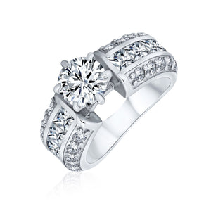 2CT AAA CZ Solitaire Engagement Ring Wide 3 Row Band Sterling Silver - Joyeria Lady