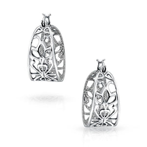Boho Bali Style Open Filigree Leaf Wide Hoop Earrings Sterling Silver