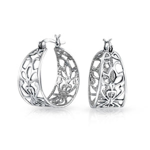 Boho Bali Style Open Filigree Leaf Wide Hoop Earrings Sterling Silver - Joyeria Lady