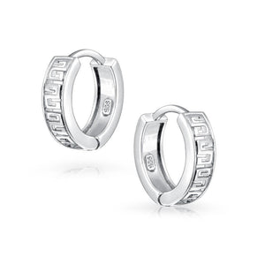 Thin Greek Key Cutout Design Hoop Earrings 925 Sterling Silver